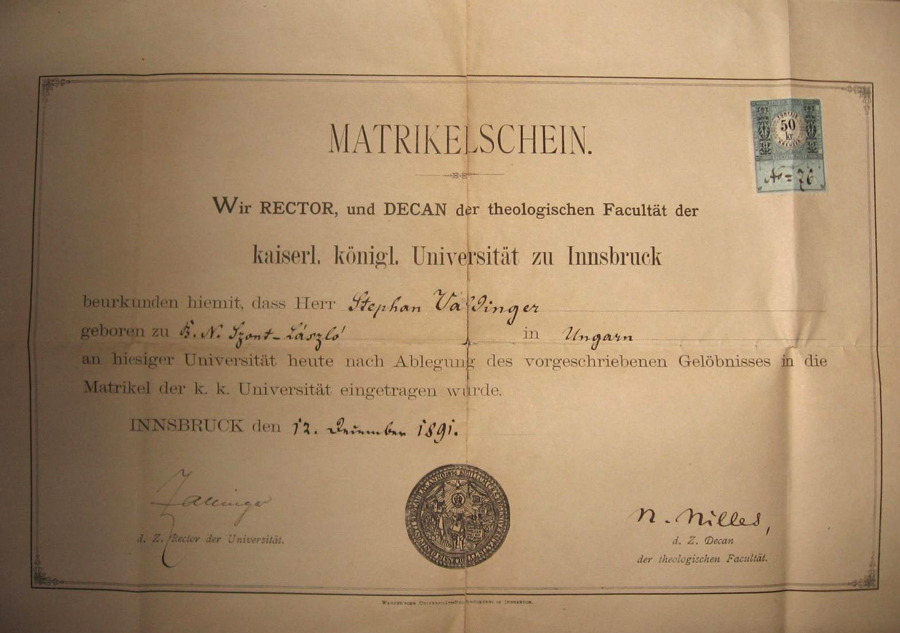 Valdinger (Szentkirályi) István innsbrucki egyetemi anyakönyvi kivonata (Pécsi Egyházmegyei Levéltár – Szentkirályi István hagyatéka) Szentkiralyi Innsbruck anyakonyv
