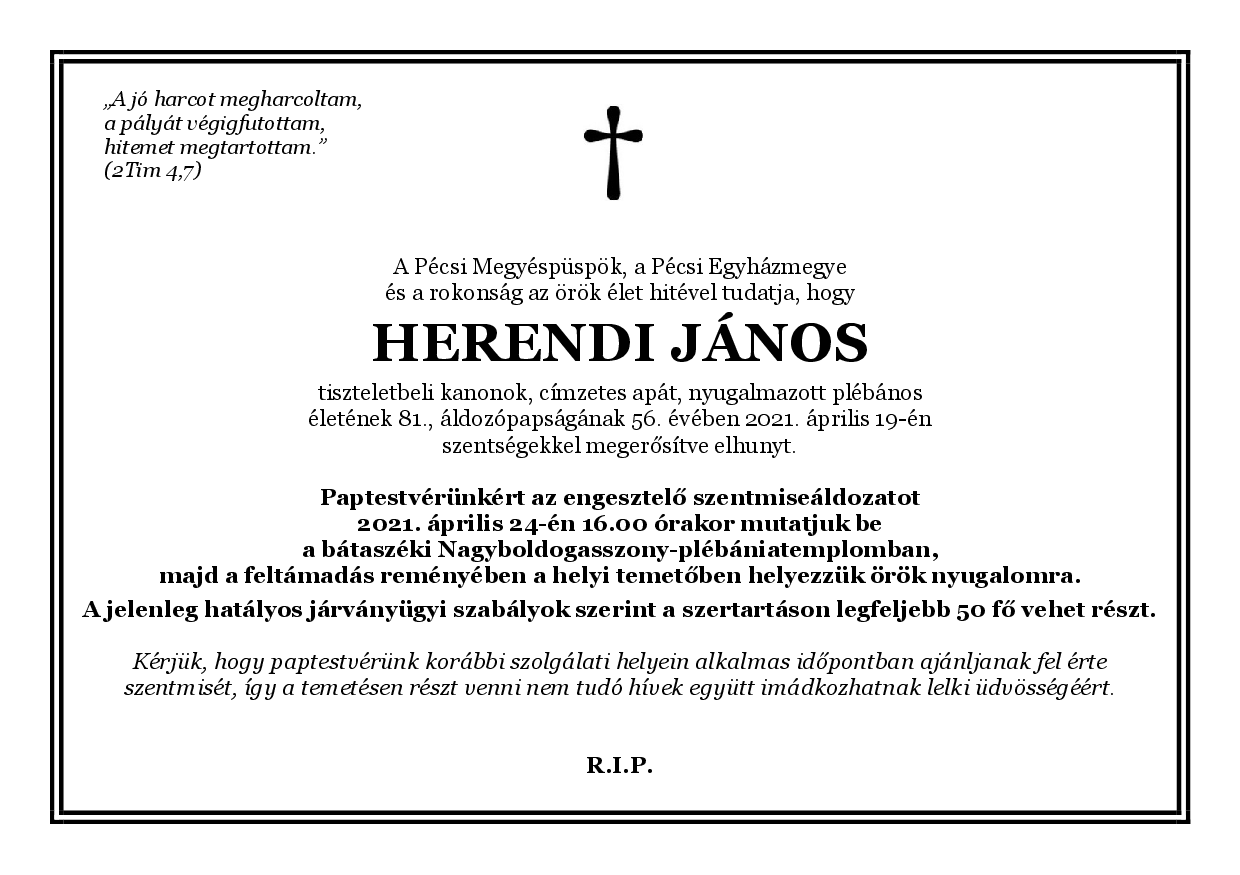 Herendi Janos gyaszjelentese 2021 apr