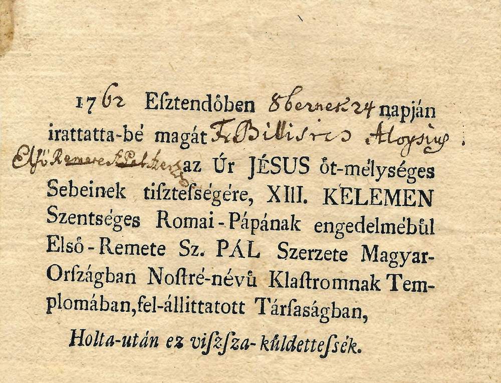 PEMKK 11 Billisics Alajos palos belepesi nyilatkozat 1762