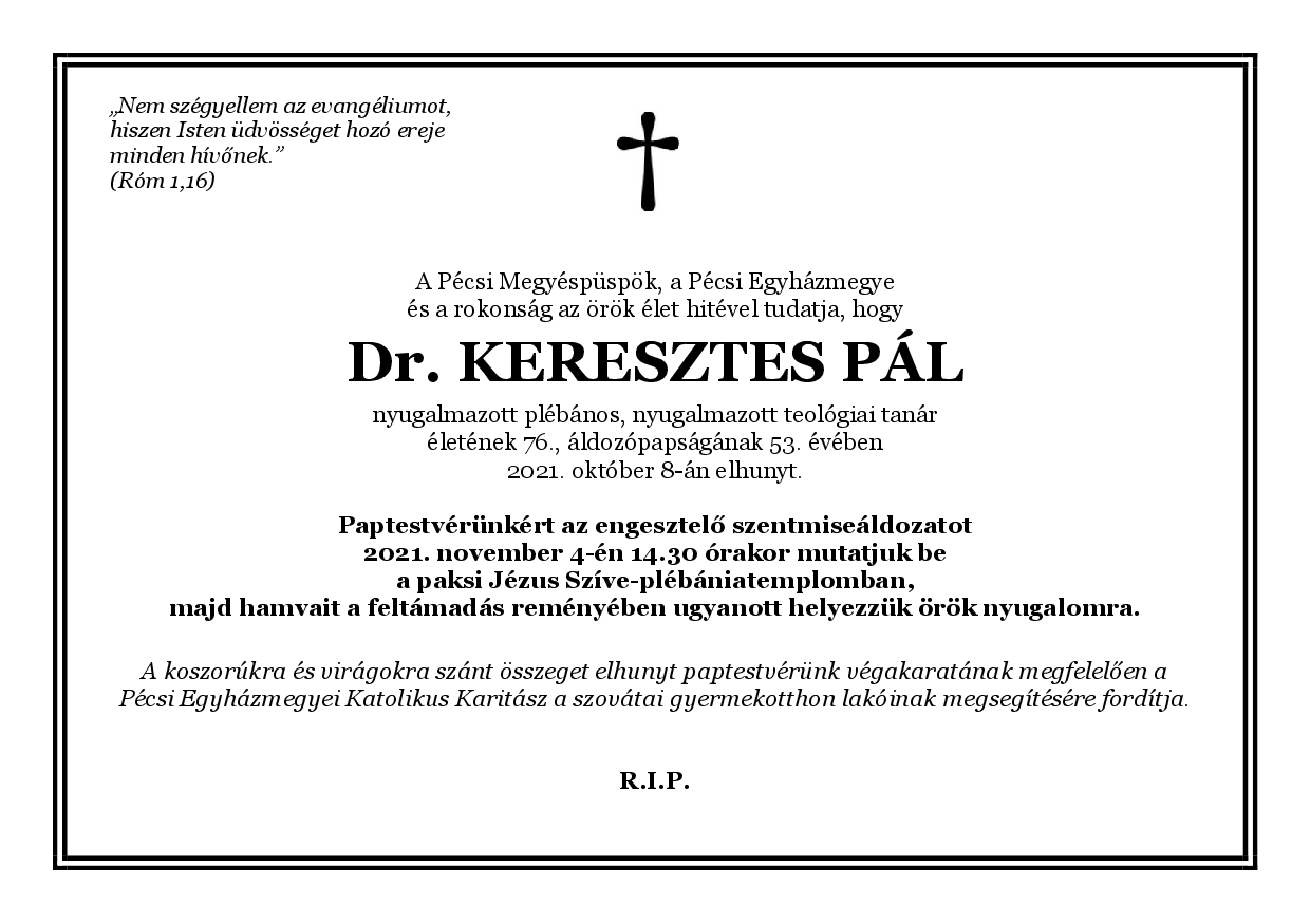 Keresztes Pal gyaszjelentese 2021 okt