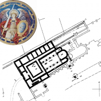Az apátság Árpád-kori feltételezett alaprajza és védőszentjének Szent Mihály arkangyalnak ábrázolása.
