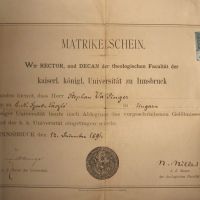 Valdinger (Szentkirályi) István innsbrucki egyetemi anyakönyvi kivonata  (Pécsi Egyházmegyei Levéltár – Szentkirályi István hagyatéka)